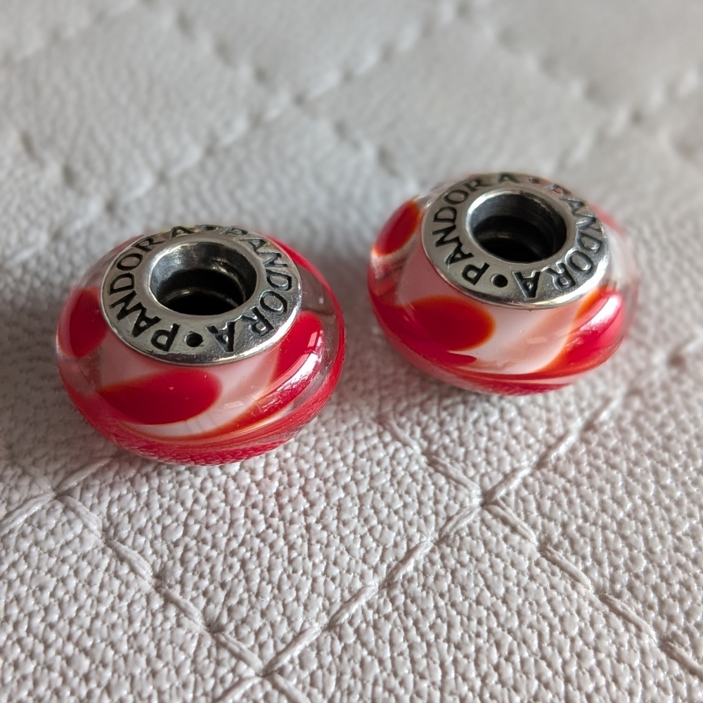Authentic Pandora Red and White Swirl Glass Beads TWO BEADS 925 ALE